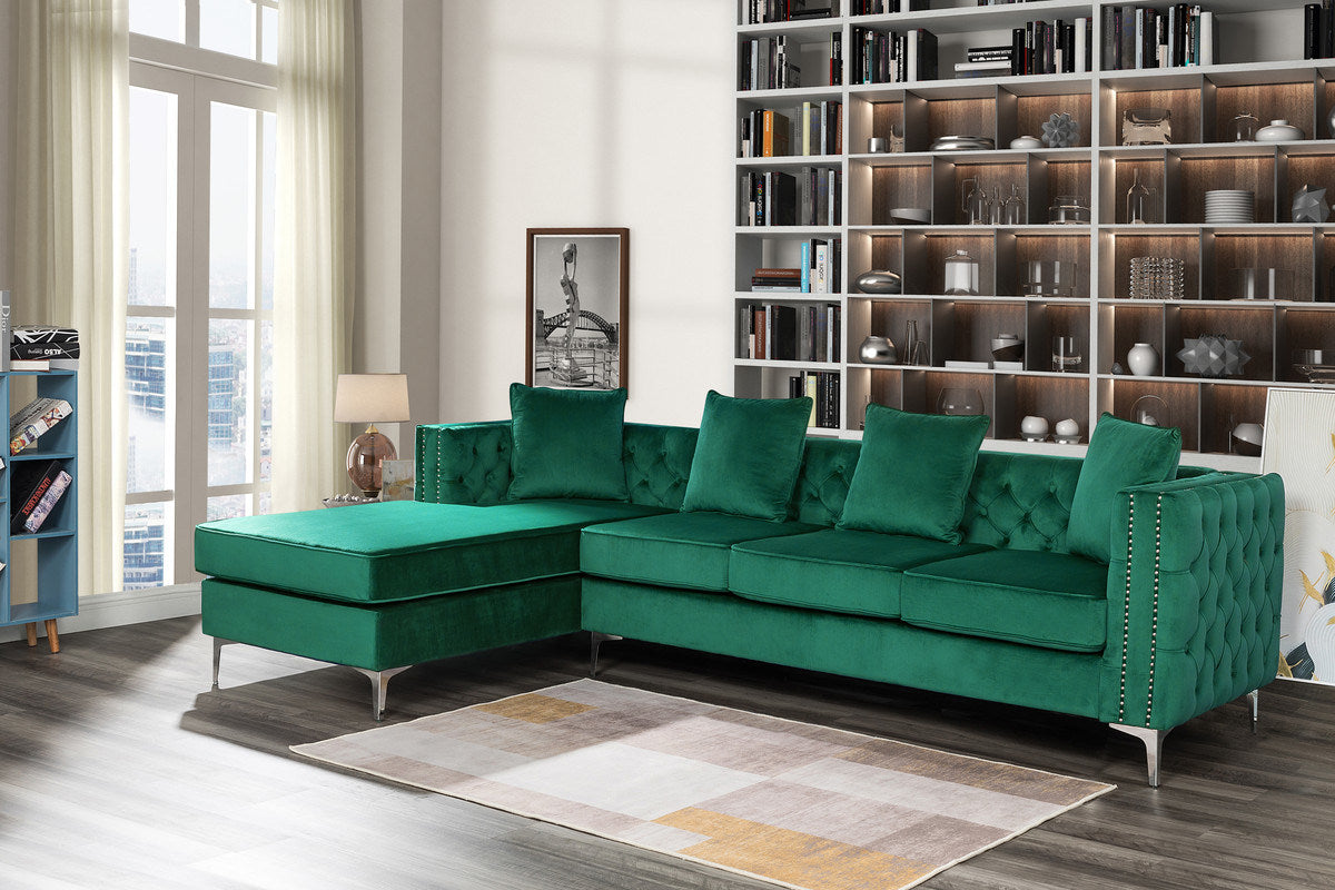 ryan reversible sectional sofa chaise, green velvet