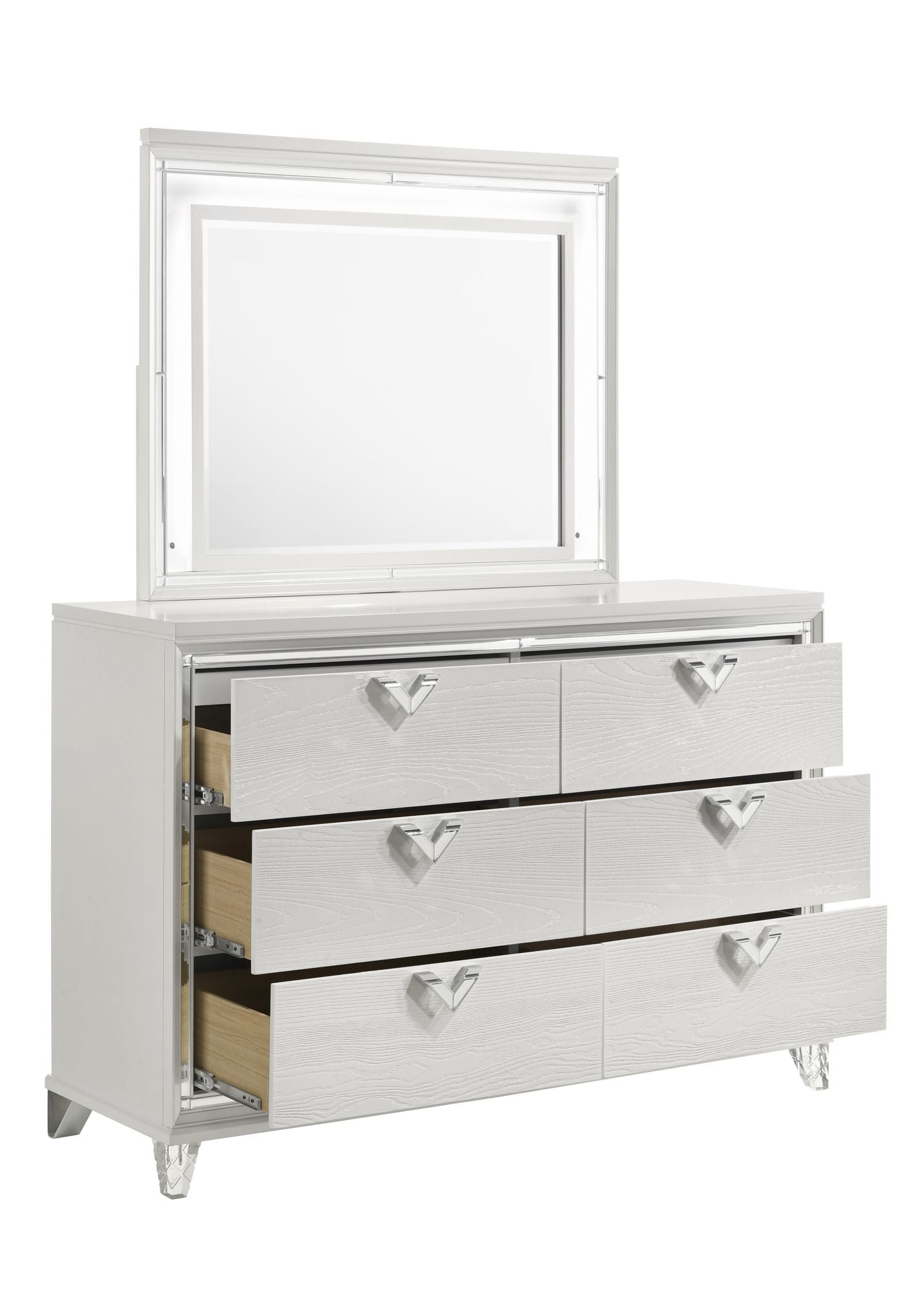 prism modern style 6-drawer dresser with mirror accent & v-shape handles in white