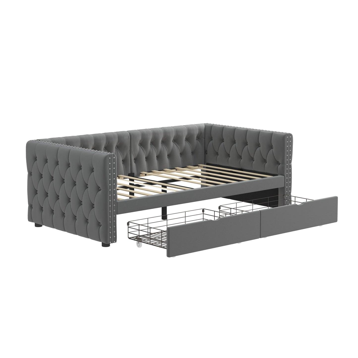velvet upholstered tufted bed with drawers, grey