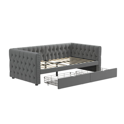 Velvet Upholstered Tufted Bed with Drawers, Grey