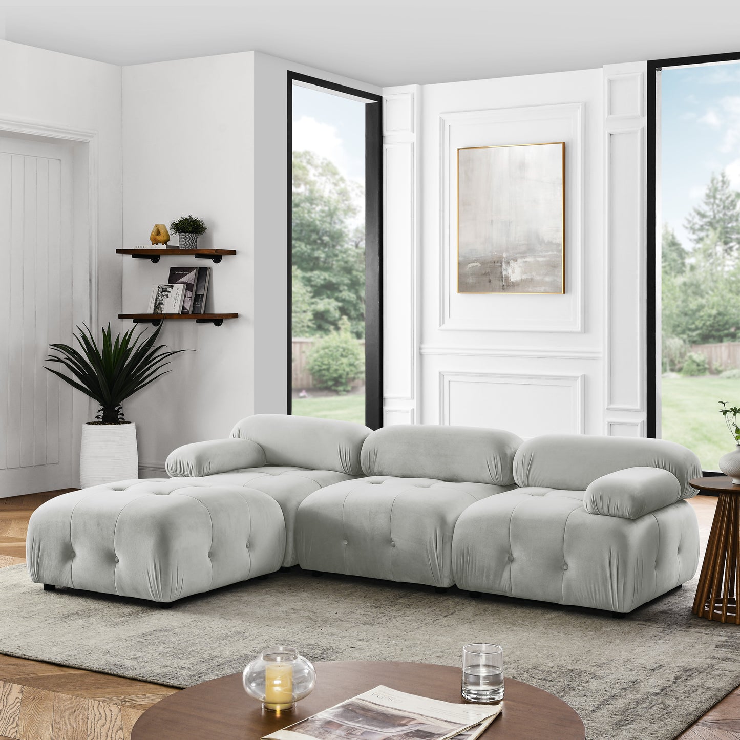 modular sectional sofa, button tufted designed and diy combination,l shaped couch with reversible ottoman, grey velvet