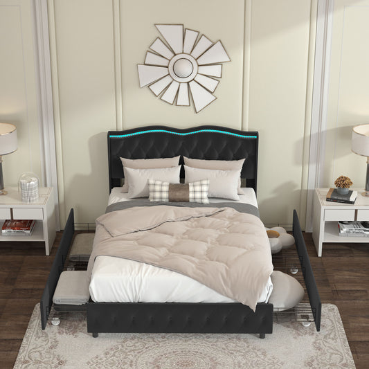 Velvet Upholstered Bed with Adjustable Colorful LED Light Decorative Headboard & Storage 4 Drawers, Black