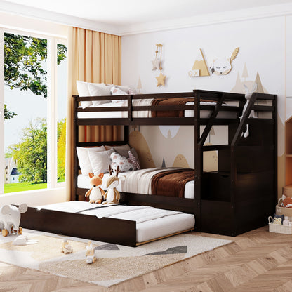 Twin-Over-Twin Bunk Bed with Twin Size Trundle and 3 Storage Stairs, Espresso