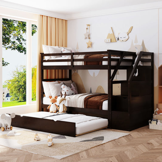 Twin-Over-Twin Bunk Bed with Twin Size Trundle and 3 Storage Stairs, Espresso