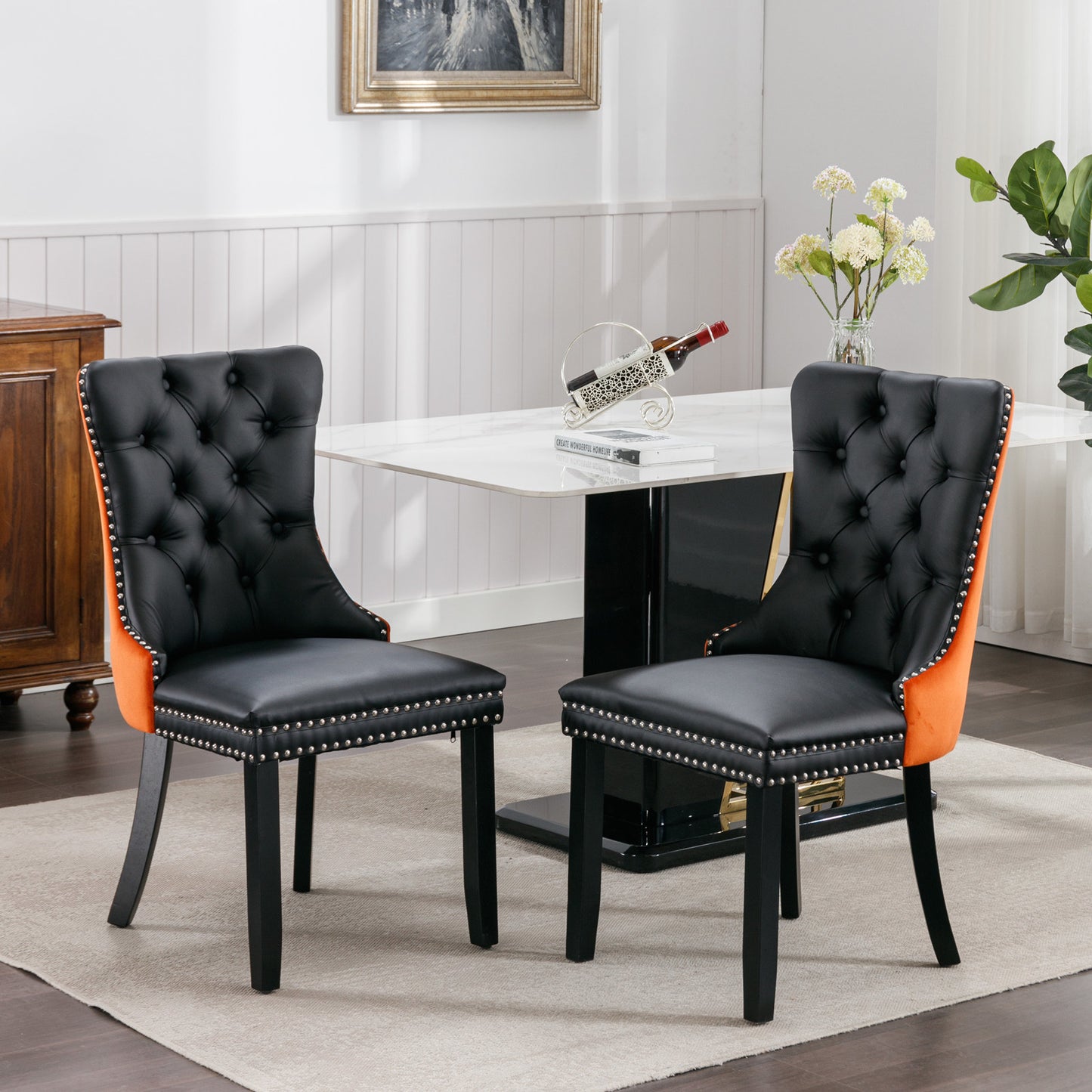 nikki collection modern high-end tufted dining chairs 2-pcs set, black+orange