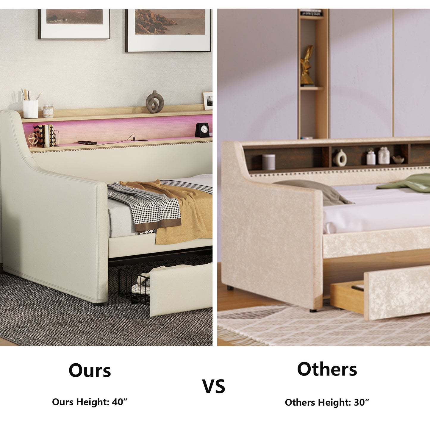 upholstered bed with charging station and led lights, beige