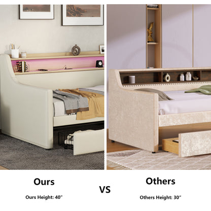Upholstered Bed with Charging Station and LED Lights, Beige
