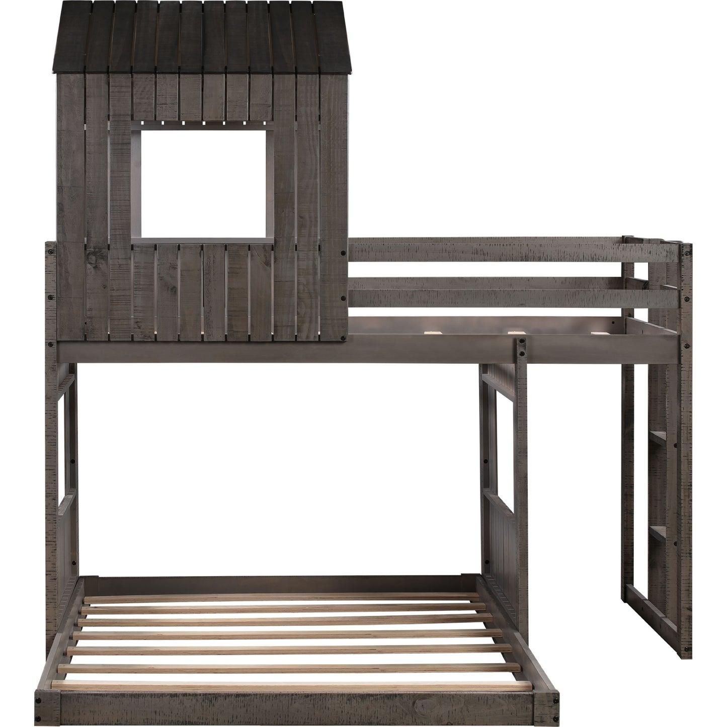 loft bed with playhouse, farmhouse, ladder and guardrails , antique gray