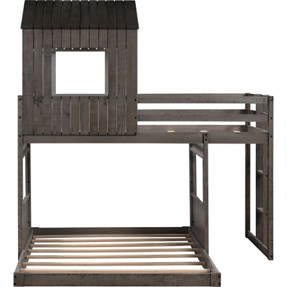 Loft Bed with Playhouse, Farmhouse, Ladder and Guardrails , Antique Gray