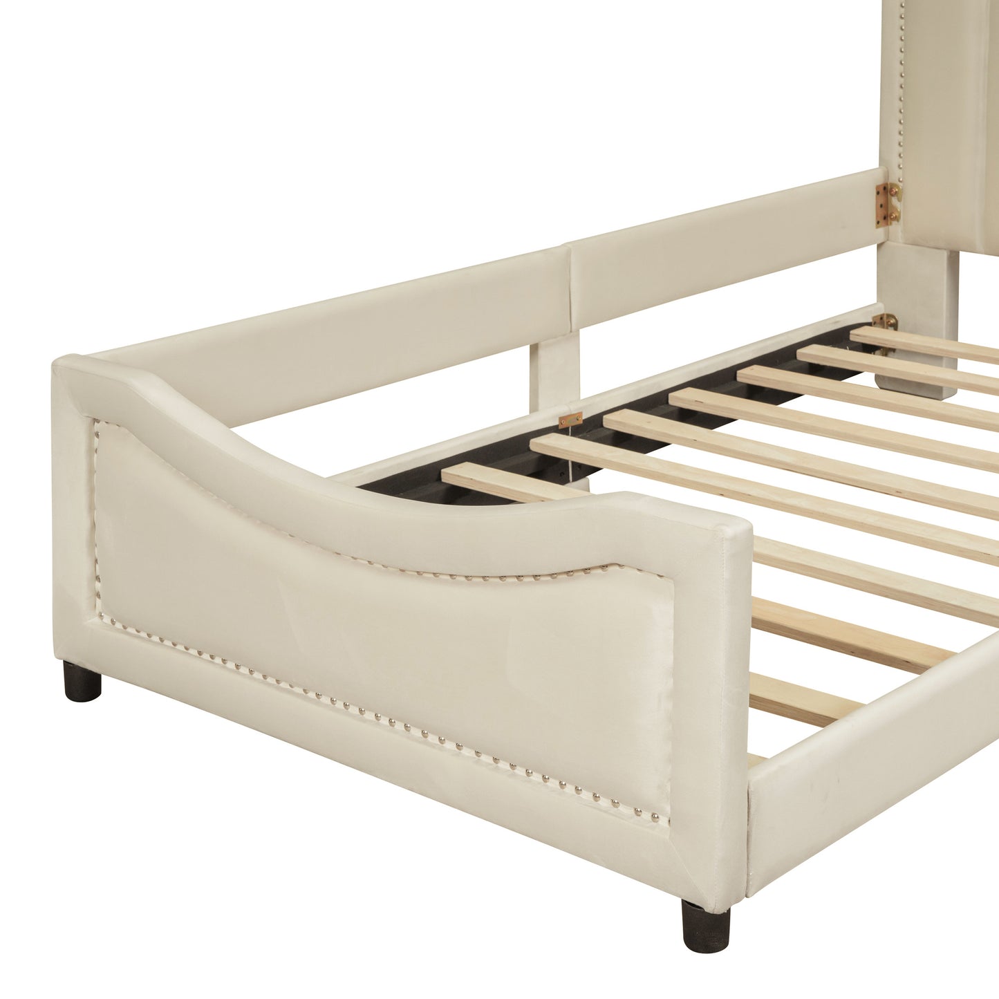 maya upholstered bed with classic stripe shaped headboard, beige