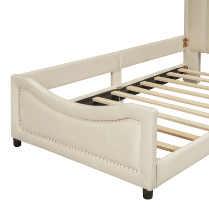 Maya Upholstered Bed with Classic Stripe Shaped Headboard, Beige