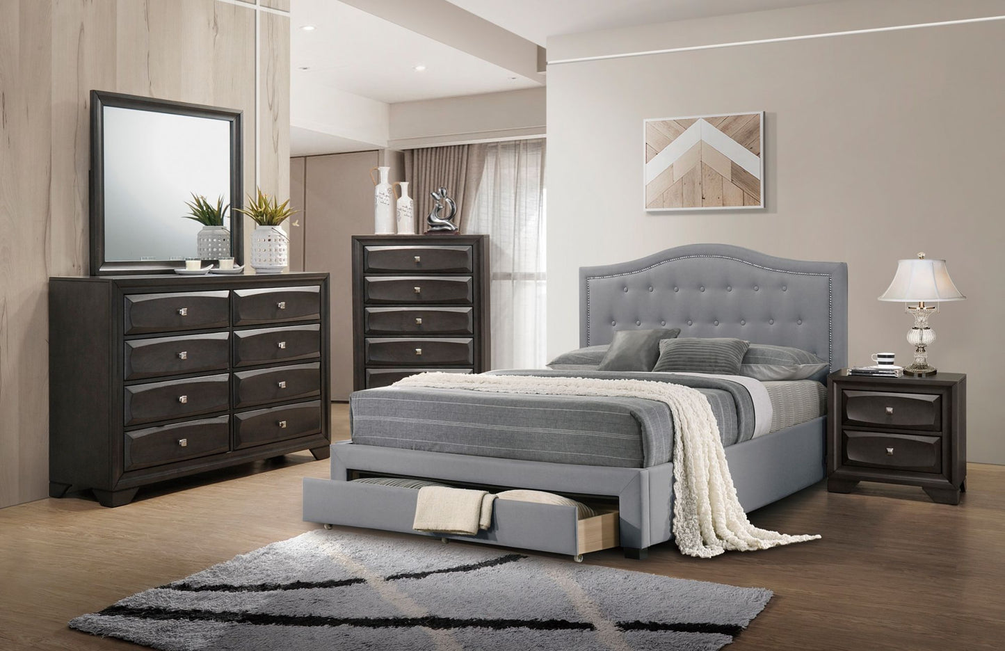 burlap with drawer button tufted arch design headboard +storage, light grey