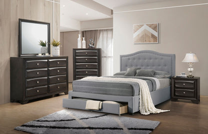 Burlap with Drawer Button Tufted Arch Design Headboard +Storage, Light Grey