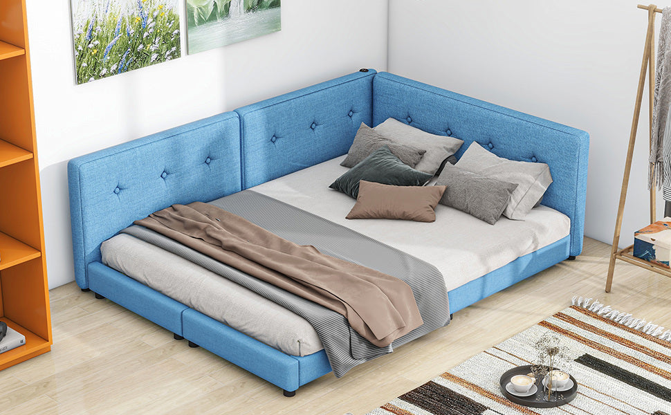 upholstered queen size platform bed with usb ports, blue