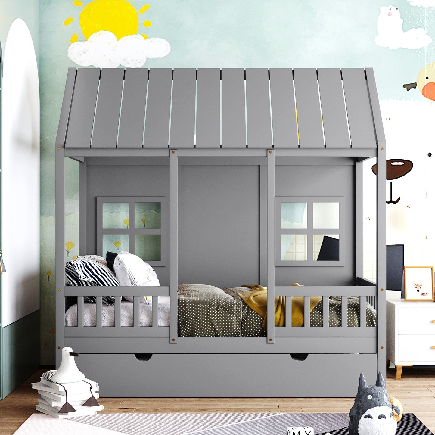 wood house bed with twin size trundle, gray