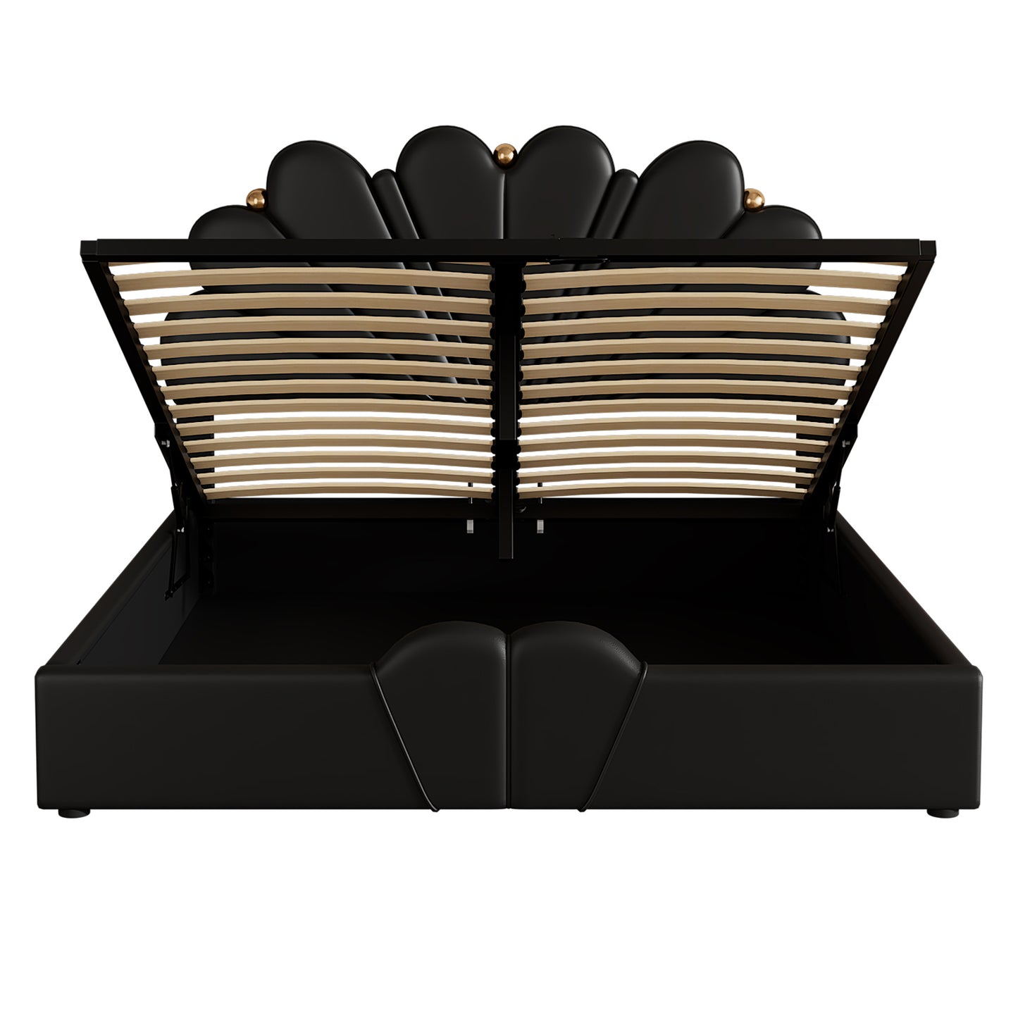 upholstered petal shaped platform bed with hydraulic storage system, pu storage bed, black