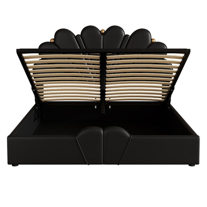 Upholstered Petal Shaped Platform Bed with Hydraulic Storage System, PU Storage Bed, Black