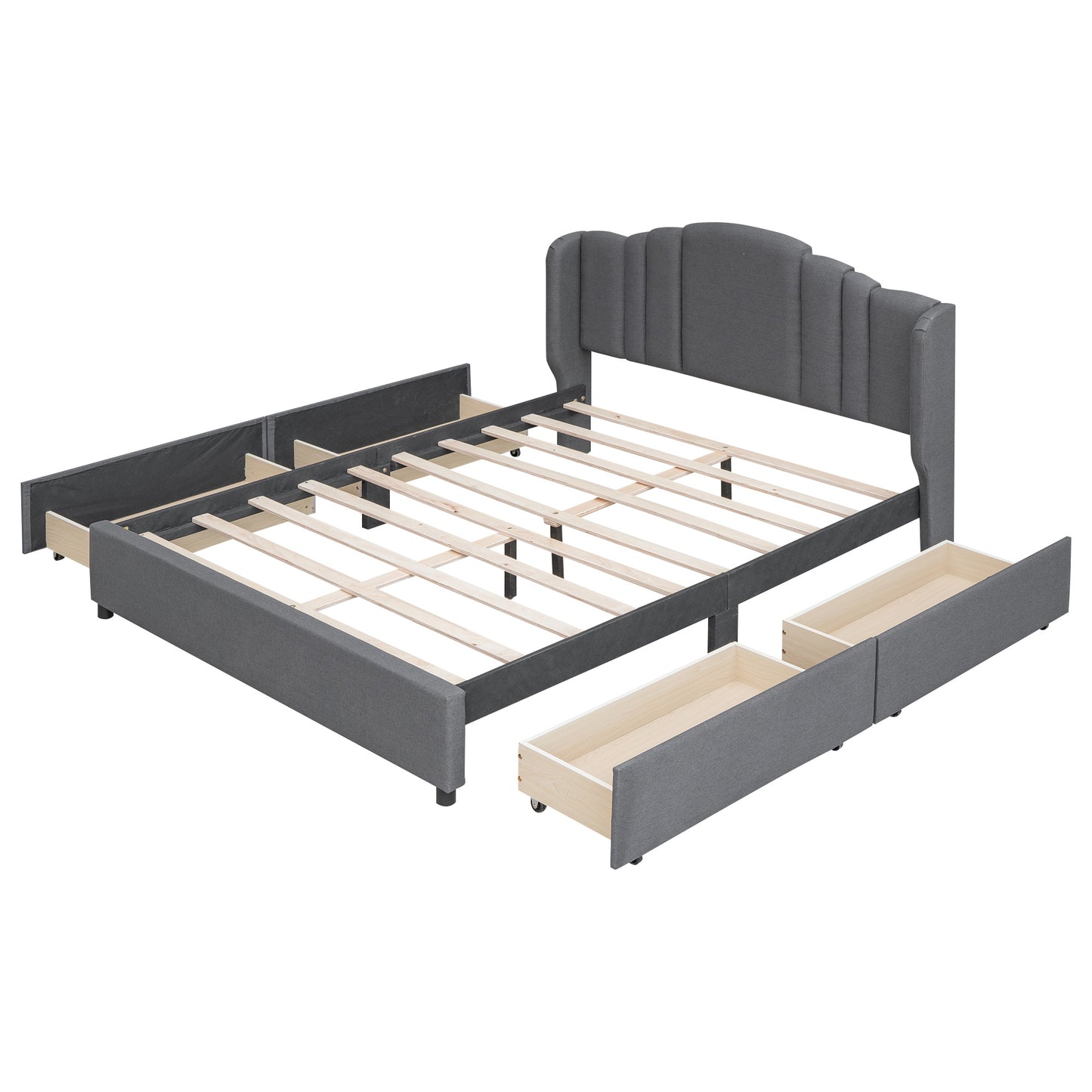 mie upholstered platform bed with wingback headboard and 4 drawers