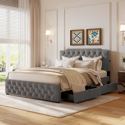 Sam Upholstered Platform Bed with 2 Drawers and 2 sets of USB Ports
