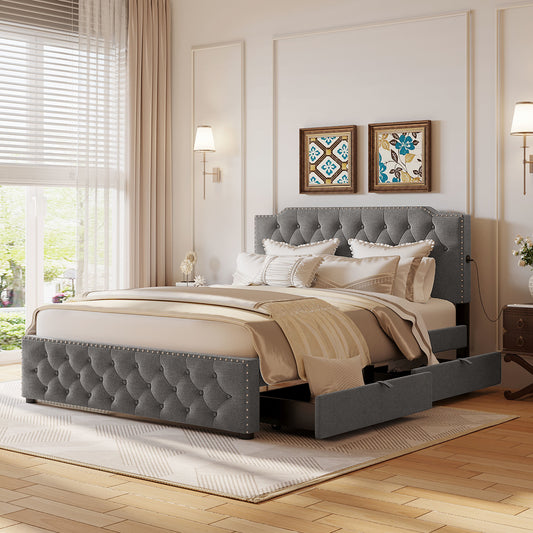 Sam Upholstered Platform Bed with 2 Drawers and 2 sets of USB Ports
