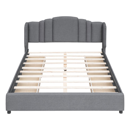 Upholstered Platform Bed with Wingback Headboard and 4 Drawers, Gray