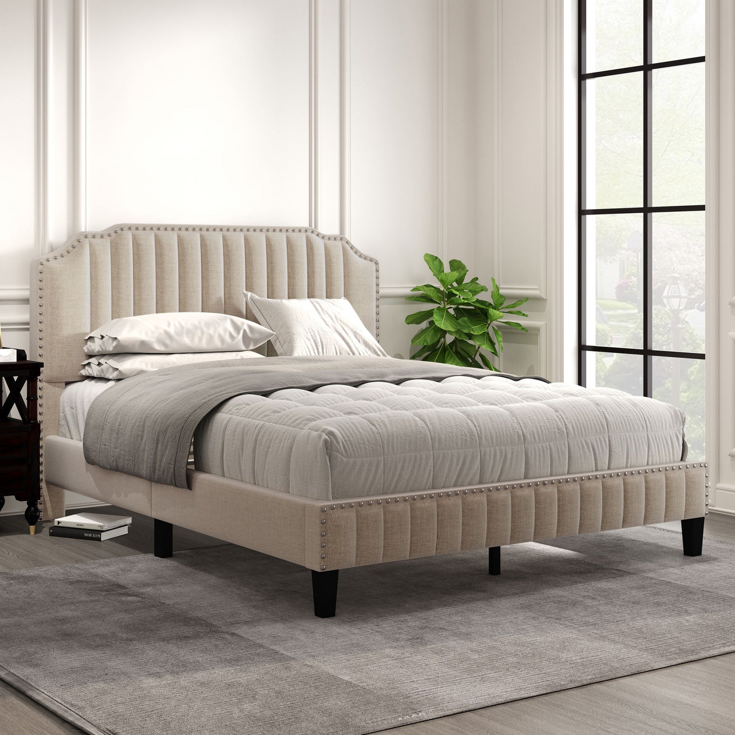 3 pieces bedroom set modern linen curved upholstered beige platform queen bed with two black cherry nightstands