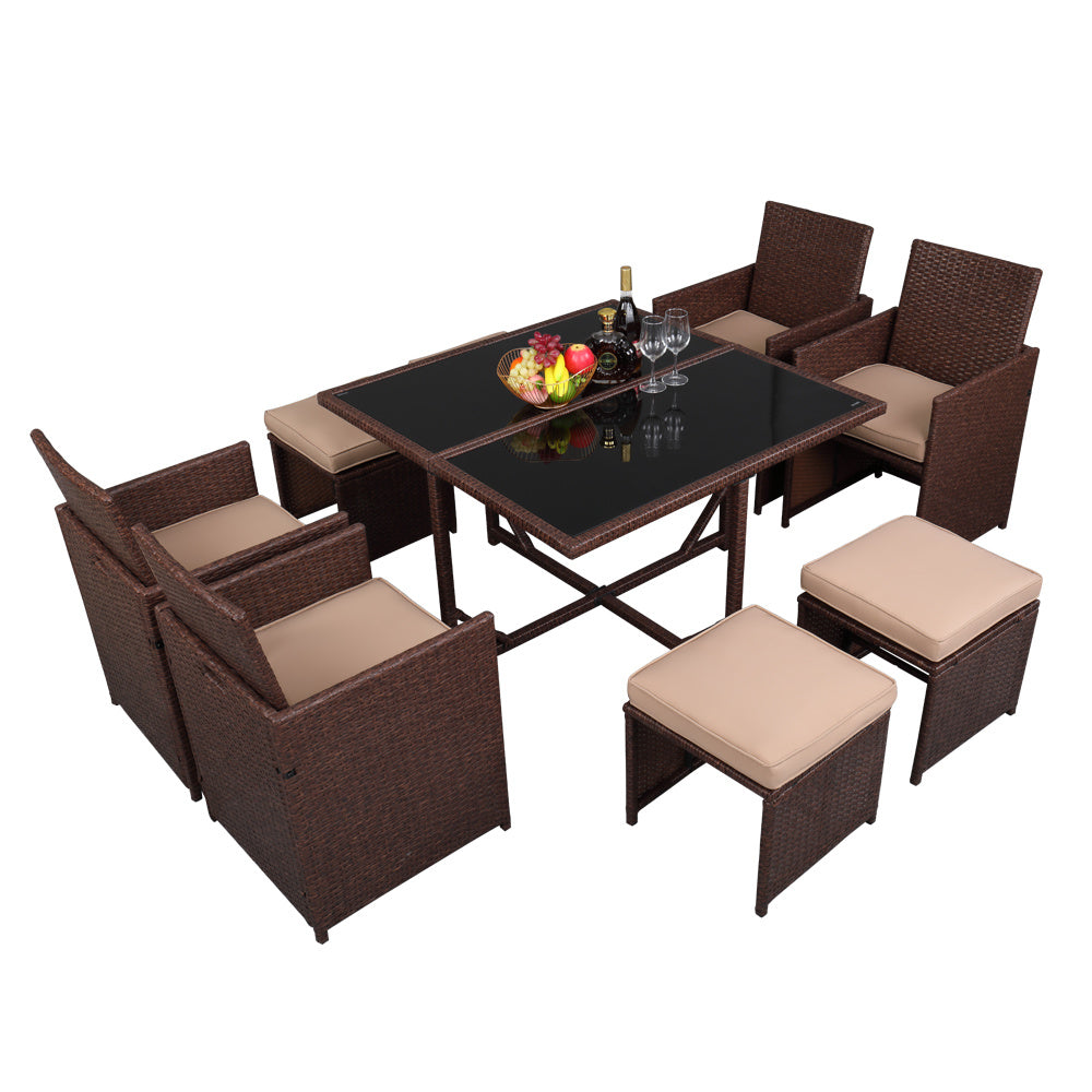 9 pcs wood grain pe wicker rattan dining set