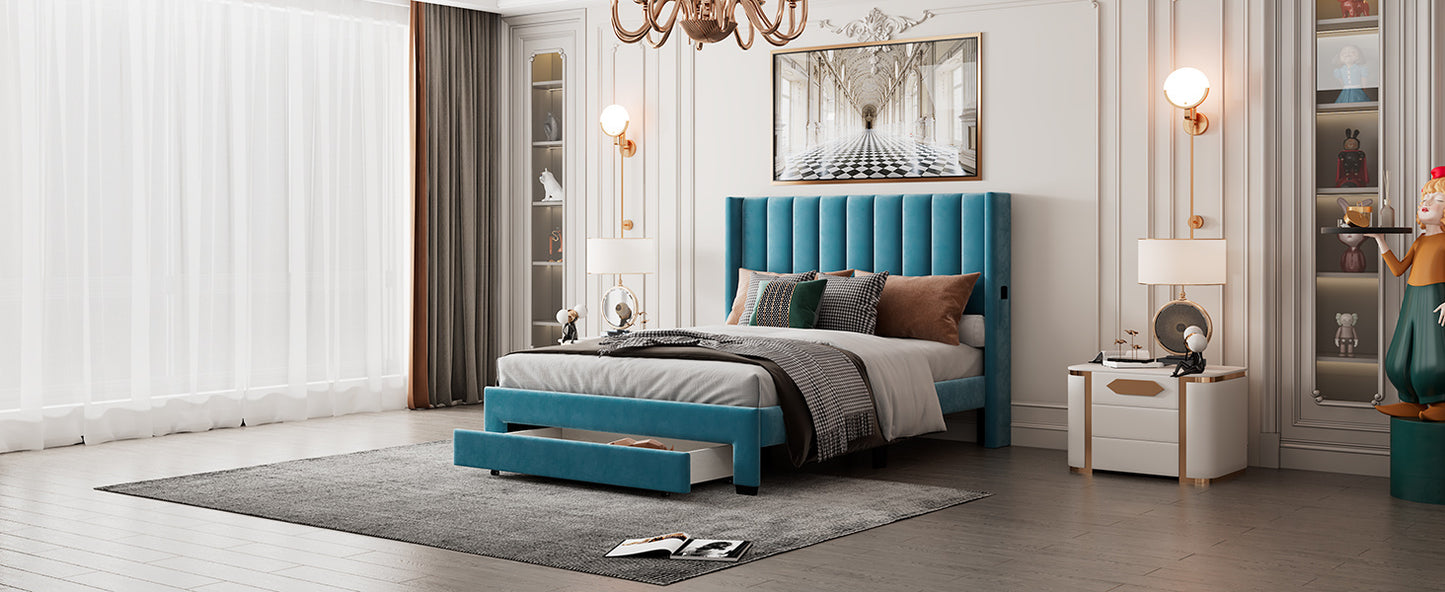 velvet upholstered platform bed with a big drawer