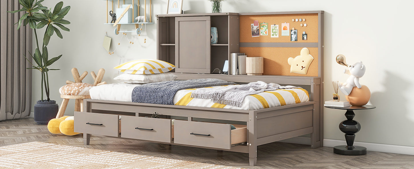 twin size lounge daybed with storage shelves, cork board, usb ports and 3 drawers, antique gray