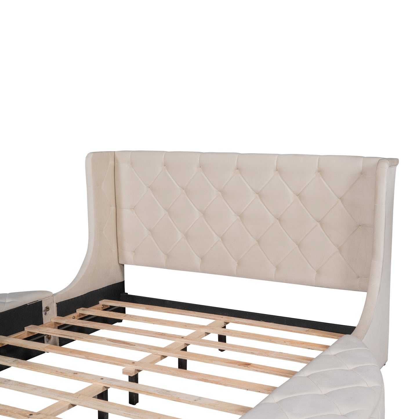 upholstered platform storage velvet bed with wingback headboard -biege