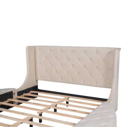 Upholstered Platform Storage Velvet Bed with Wingback Headboard -Biege