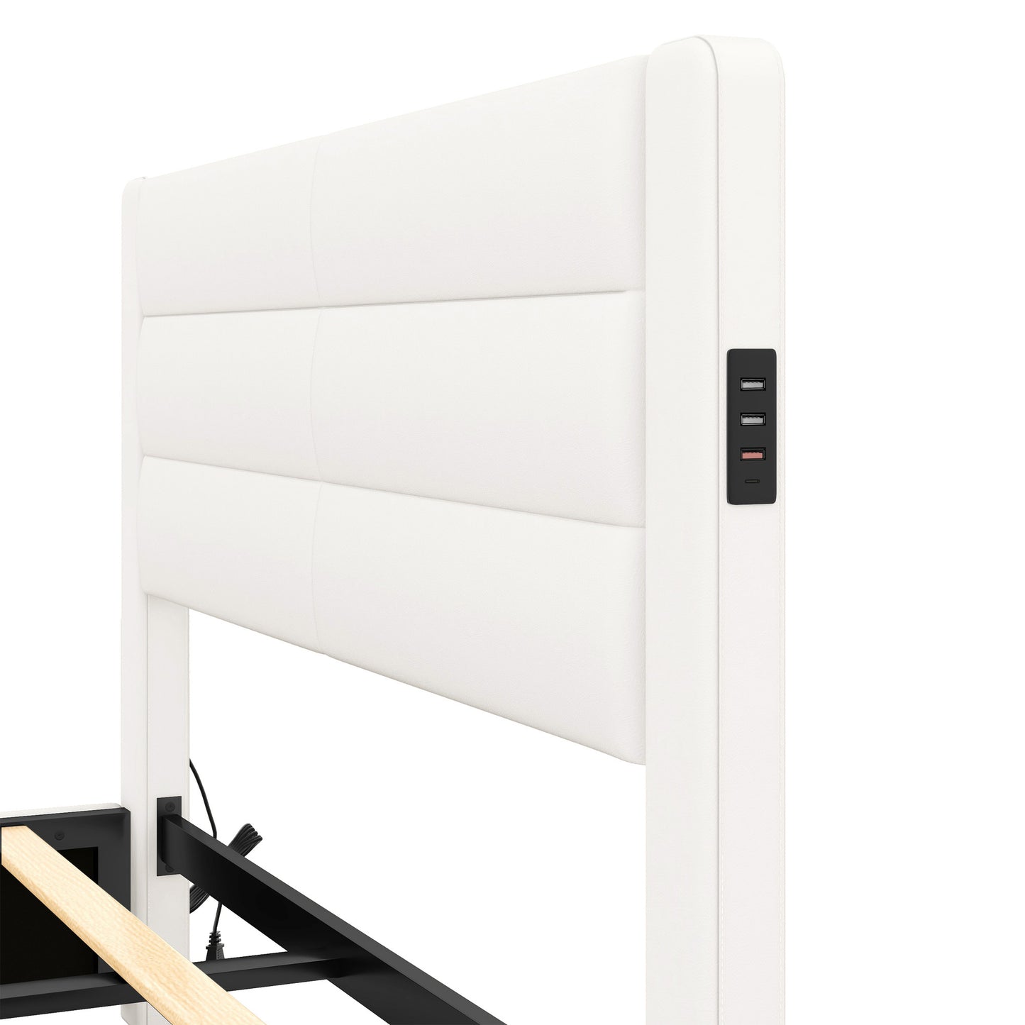 leather upholstered platform bed with drawer storage & charging station, white