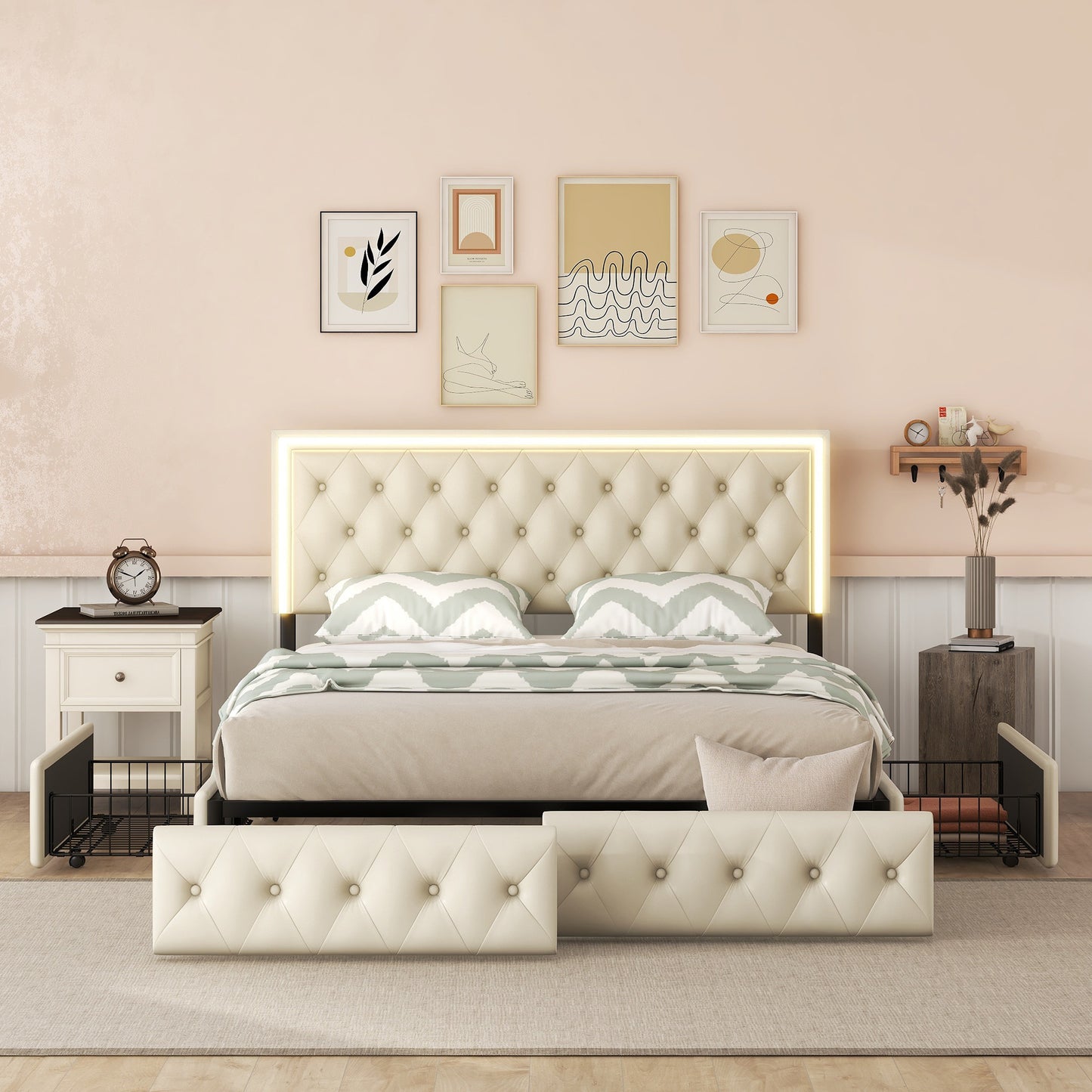 upholstered leather led headboard bed frame with 4 storage drawers, beige