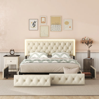 Upholstered Leather LED Headboard Bed Frame with 4 Storage Drawers, Beige