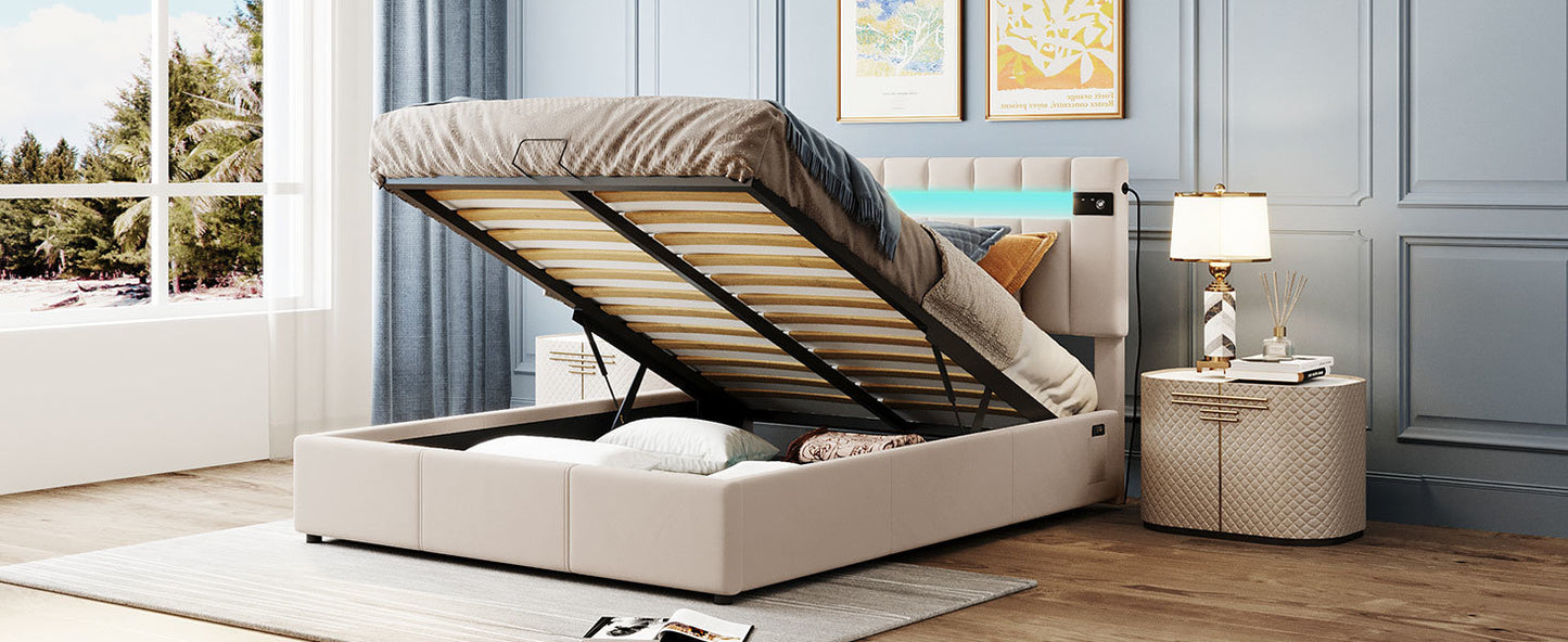 velvet upholstered hydraulic storage bed with led light, bluetooth player, and usb charging
