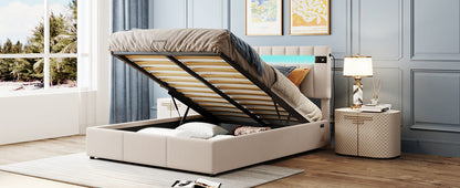 Velvet Upholstered Hydraulic Storage Bed with LED light, Bluetooth Player, and USB Charging
