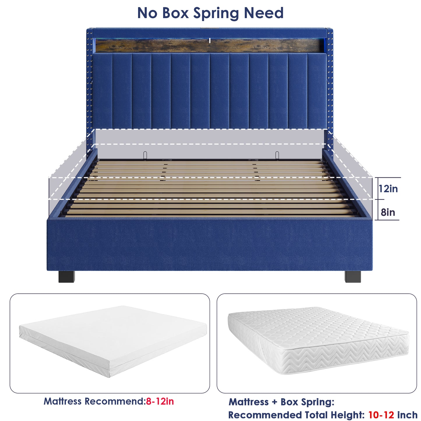 luxury gas lift storage bed with rf led lights, storage headboard ,velvet blue