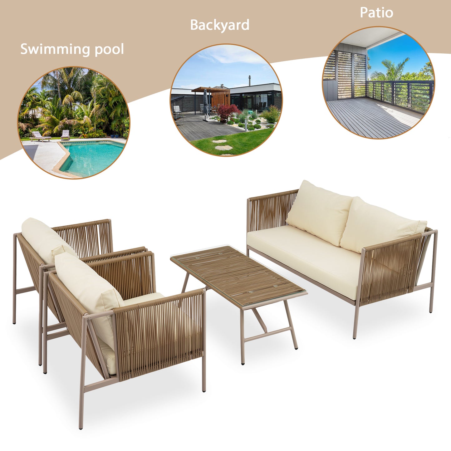 go 4-piece rope sofa set with thick cushions , beige