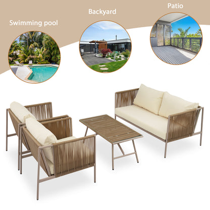 GO 4-Piece Rope Sofa Set with Thick Cushions , Beige