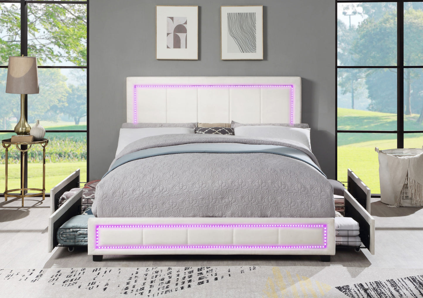 upholstered queen size platform bed with led lights, storage bed with 4 drawers, beige