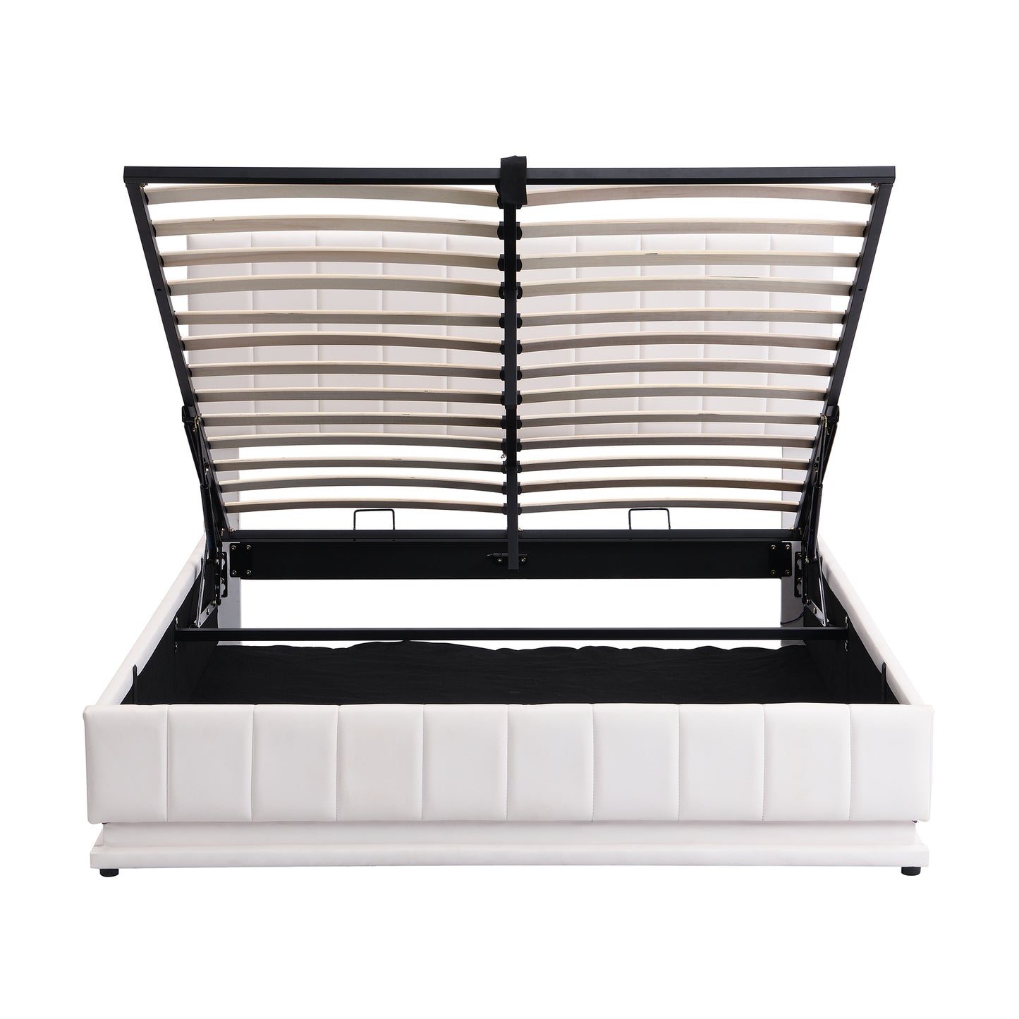 upholstered bed with hydraulic storage system and led light, sockets, and usb ports, white