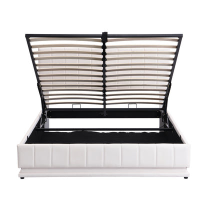 Upholstered Bed with Hydraulic Storage System and LED Light, Sockets, and USB Ports, White