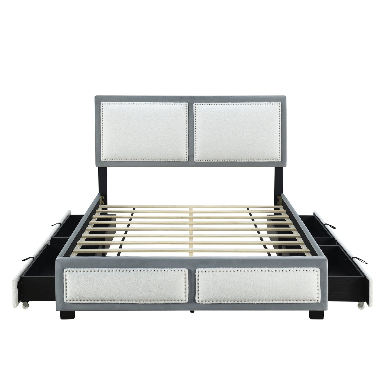 teddy upholstered platform bed with large rivet-decorated backrests and 4 drawers, velvet gray+white