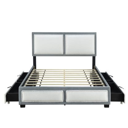 Teddy Upholstered Platform Bed with Large Rivet-decorated Backrests and 4 Drawers, Velvet Gray+White