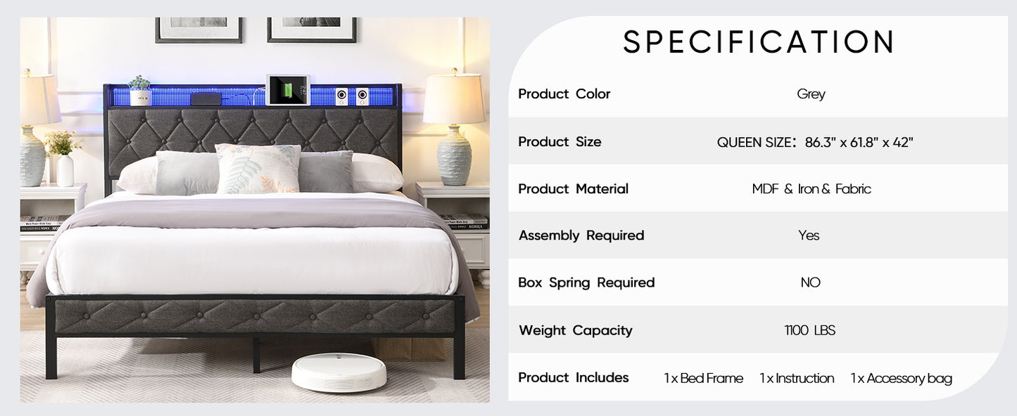 queen bed frame with storage headboard, charging station and led lights,dark gray