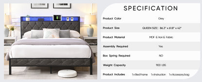 Queen Bed Frame with Storage Headboard, Charging Station and LED Lights,Dark Gray