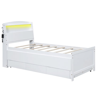 Platform Bed with Storage LED Headboard, Twin Size Trundle and 3 Drawers, White