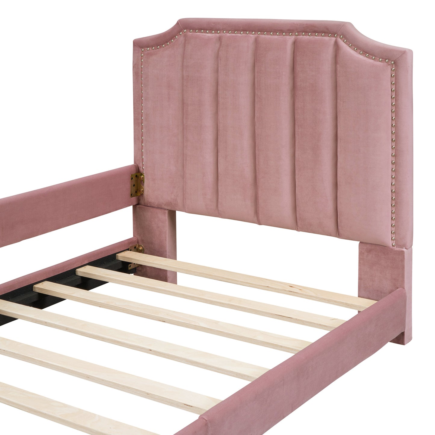 twin size upholstered daybed with classic stripe shaped headboard, pink
