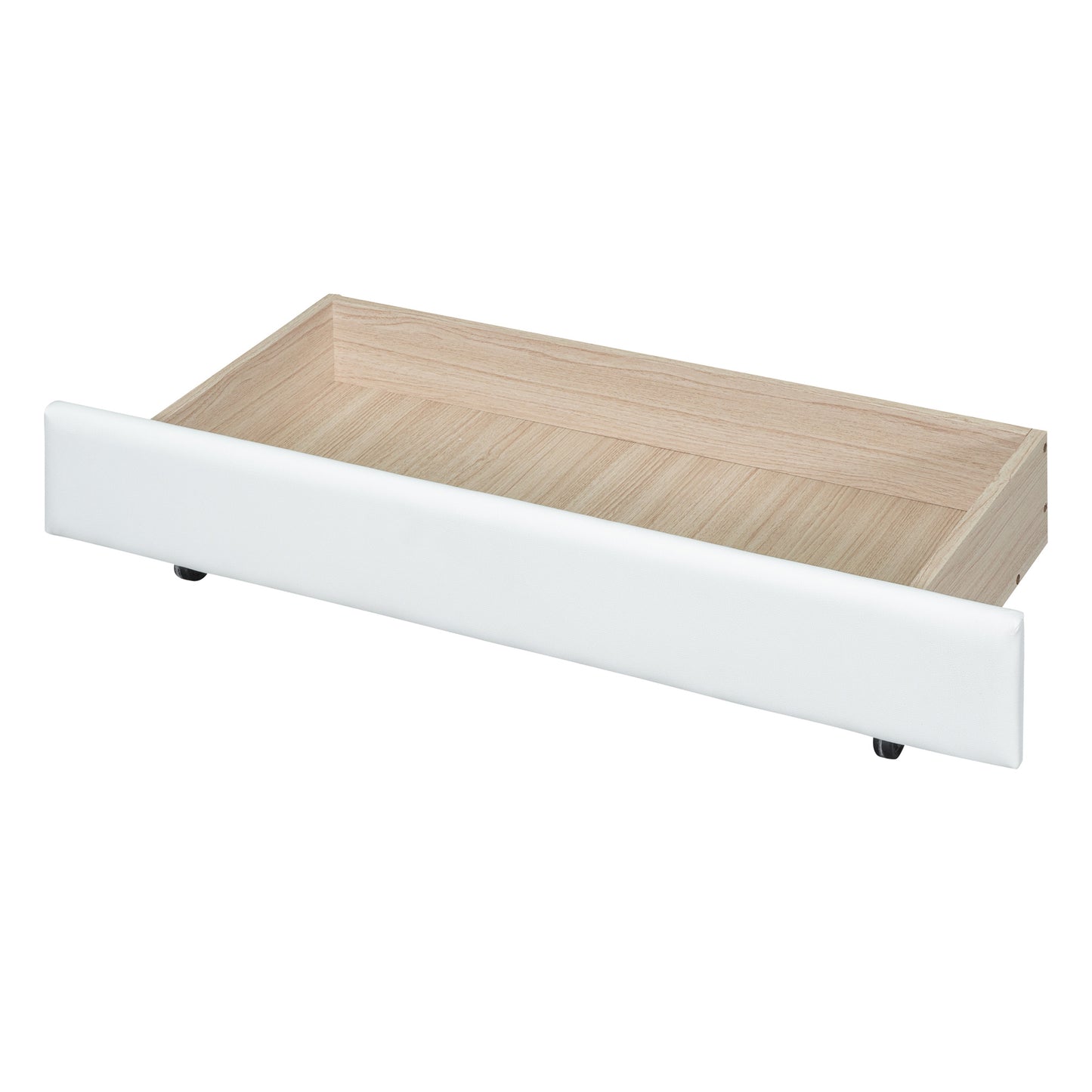 upholstered leather  bed with rabbit ornament and 4 drawers, white