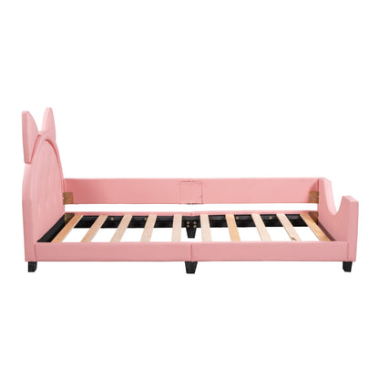Upholstered Daybed with Carton Ears Shaped Headboard, Pink